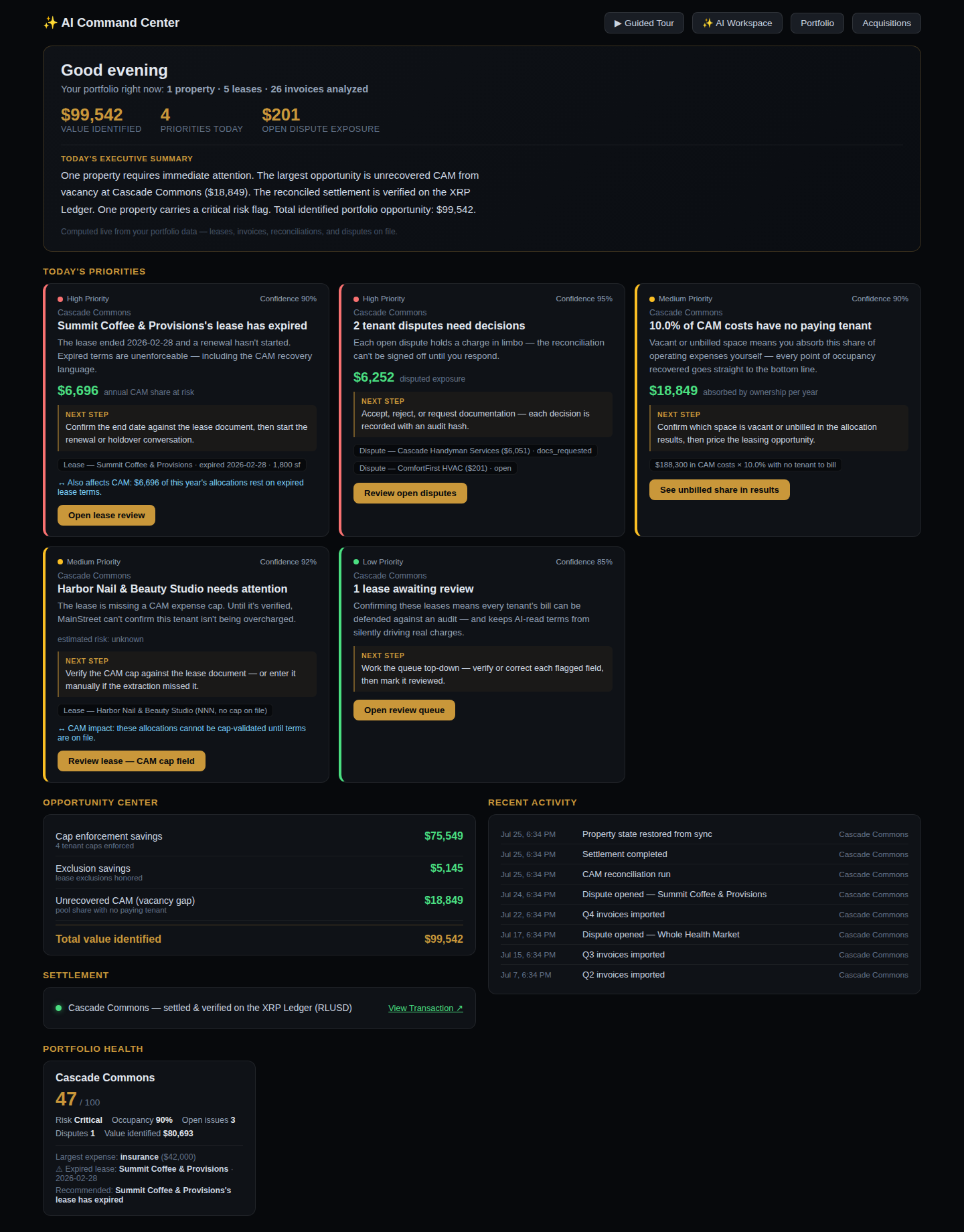 The MainStreet AI Command Center: value identified, today's priorities, and the next step for each.